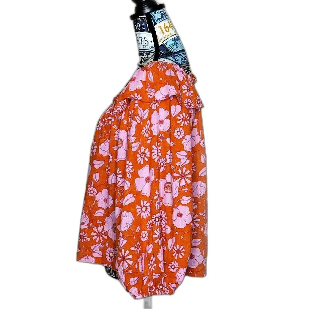 FREE PEOPLE Miss Daisy Floral Off Shoulder Top Ruffle Puff Sleeve Heat Wave Sz M